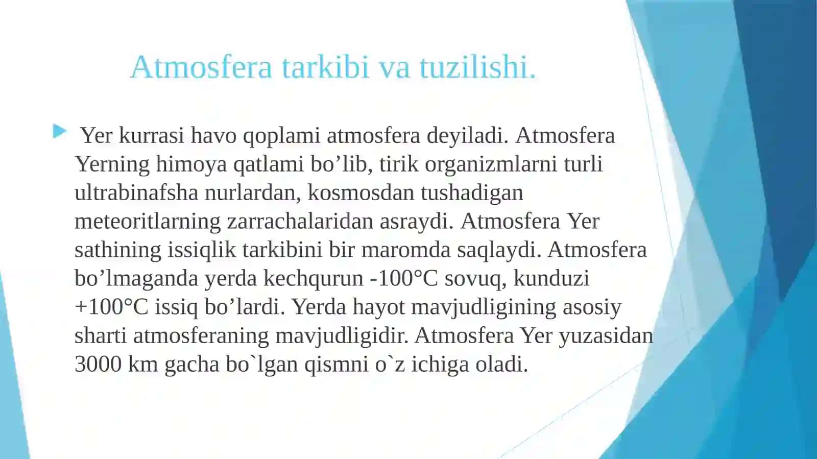 Atmosfera havosi tarkibini inson organizmi uchun ahamiyati. 3