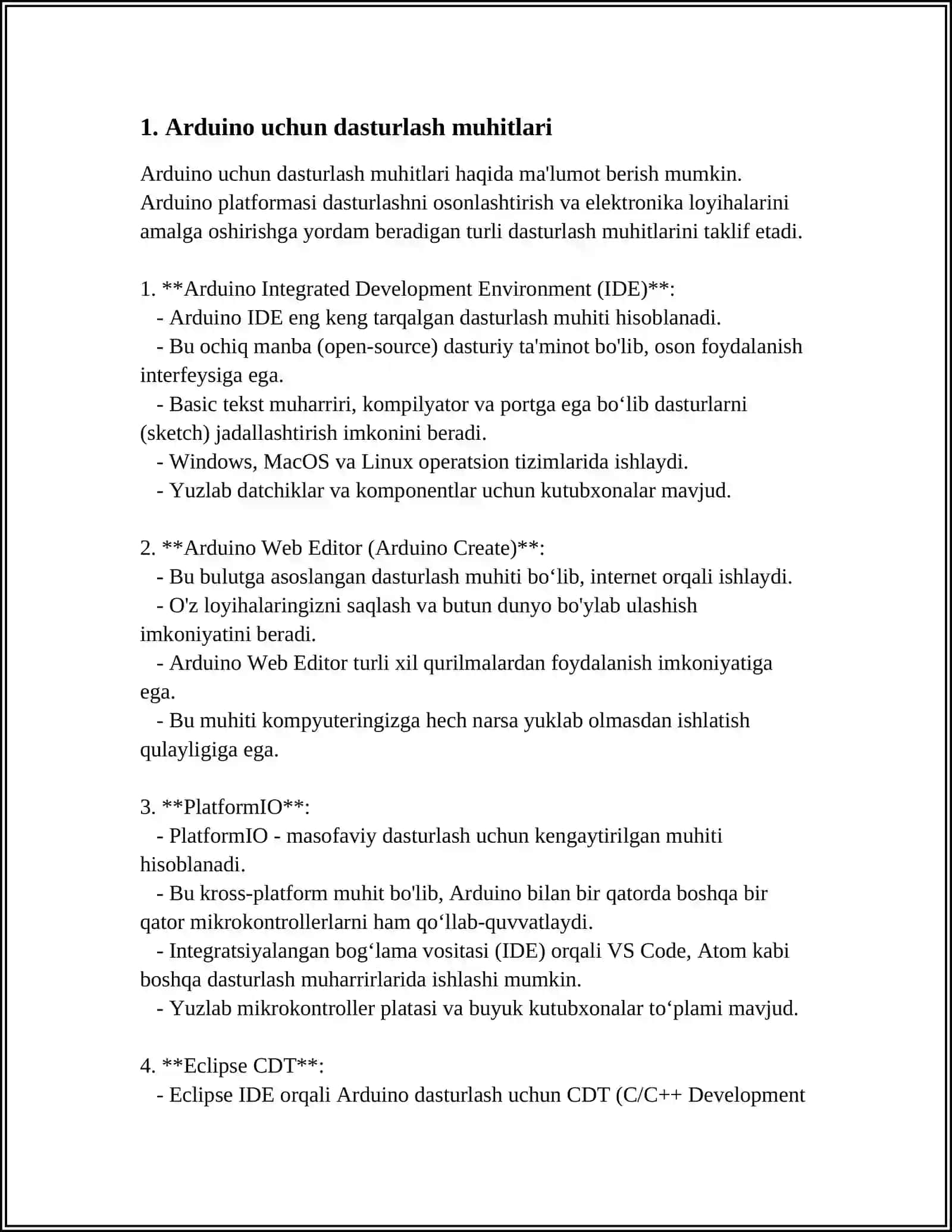 ARDUINO VA BOSHQA MIKROKONTROLLER PLATFORMALARI BILAN ISHLASH 3