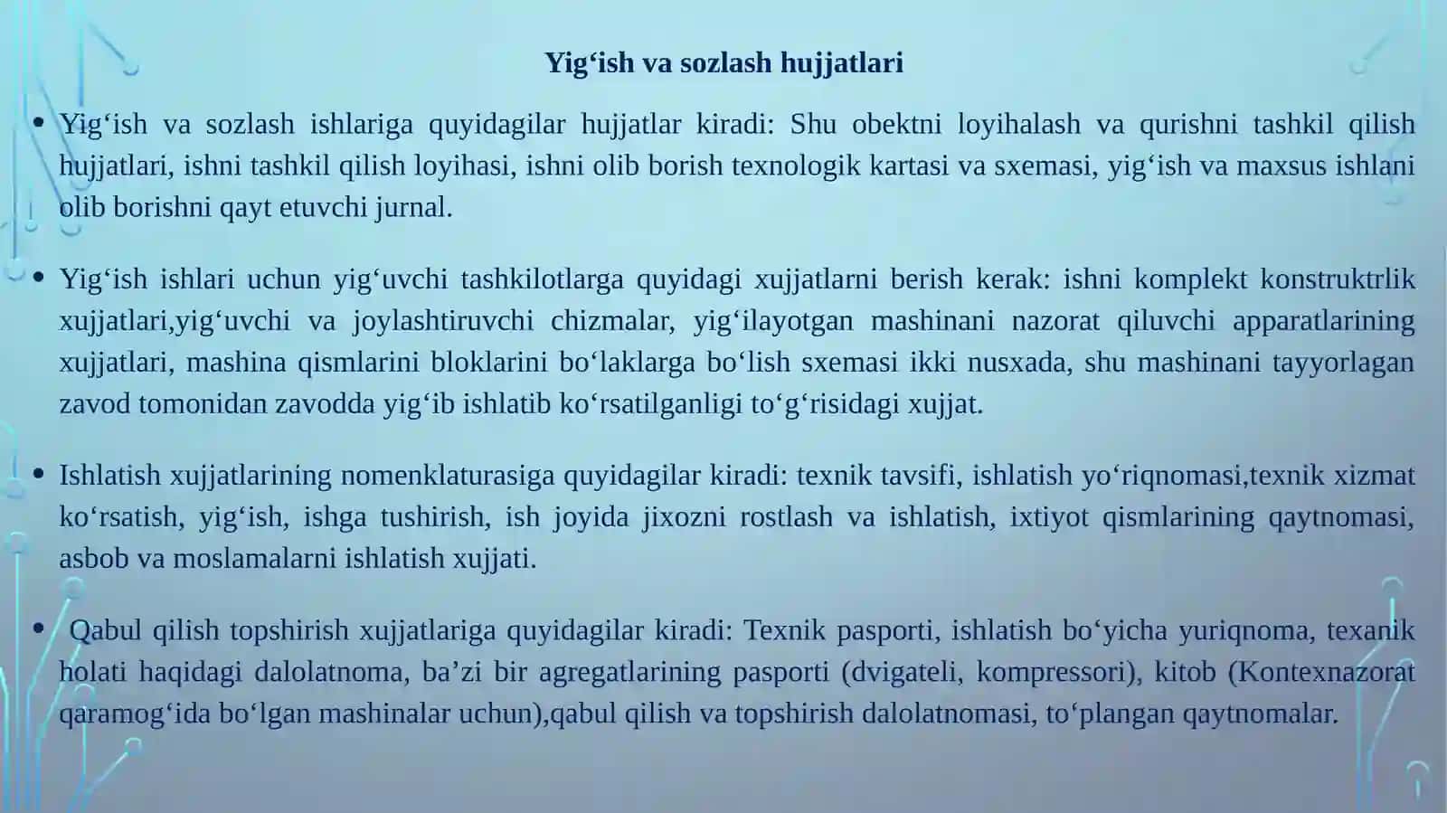 Yig’ish xujjatlarini tuzish. Yig’ish maydonlariga qo’yiladigan talablar. Yig’ish ishlarini alohida xususiyatlari 3