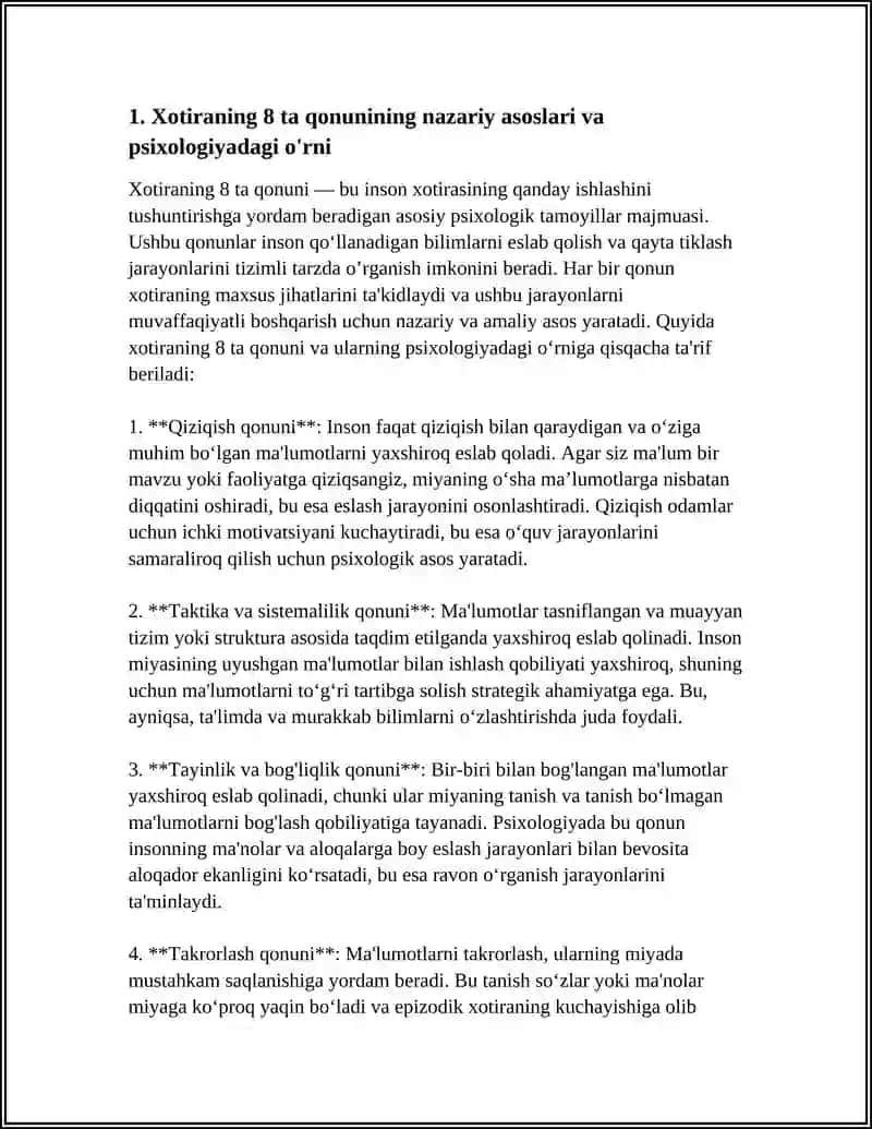 Xotiraning 8 ta qonunining psixologiyadagi o'rni 3