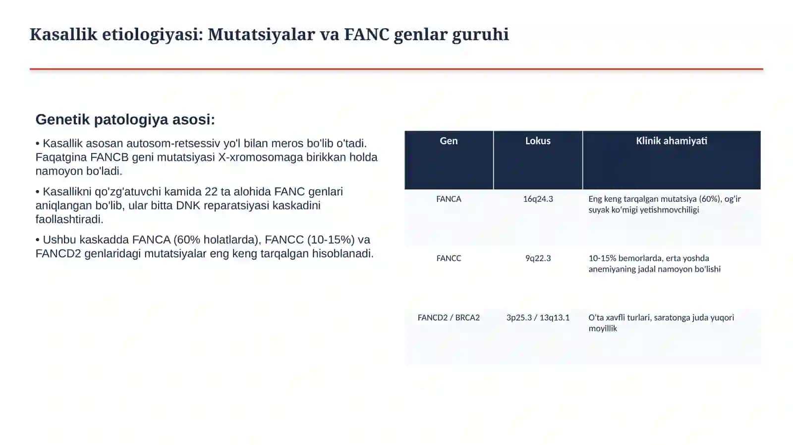 Fanconi anemiyasi — etiologiya, patogenez, klinika, diagnostika va davolash prinsiplari | 15 slayd 3