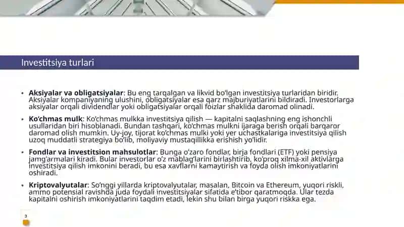 Investitsiya tushunchasi,uning iqtisodiyotdagi ahamiyati va uning turlari 3