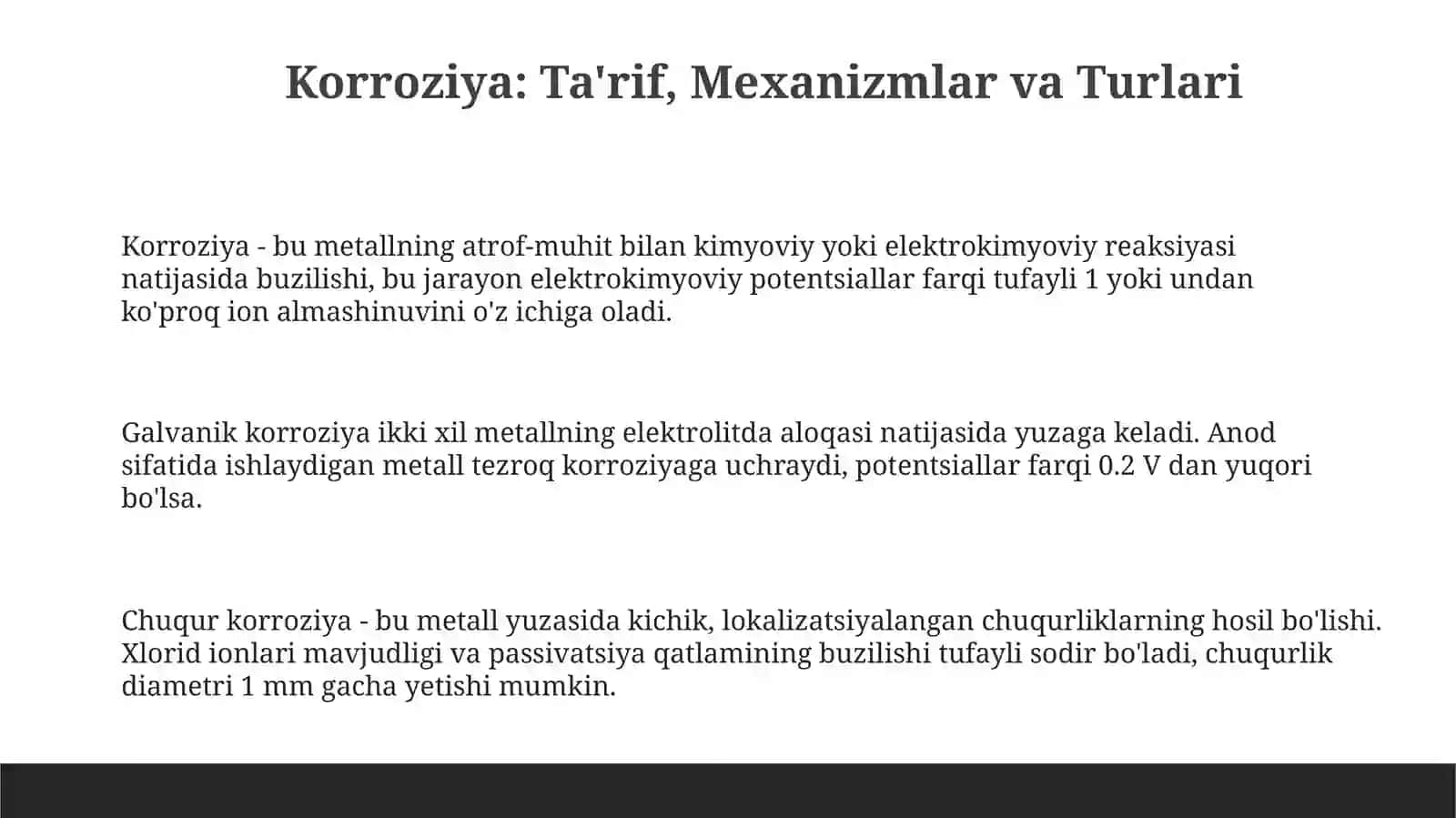 Karroziya va uning turlari.Karroziya ingibitrlari.Metallari karroziyasini tadqiqot qilish usullari 3