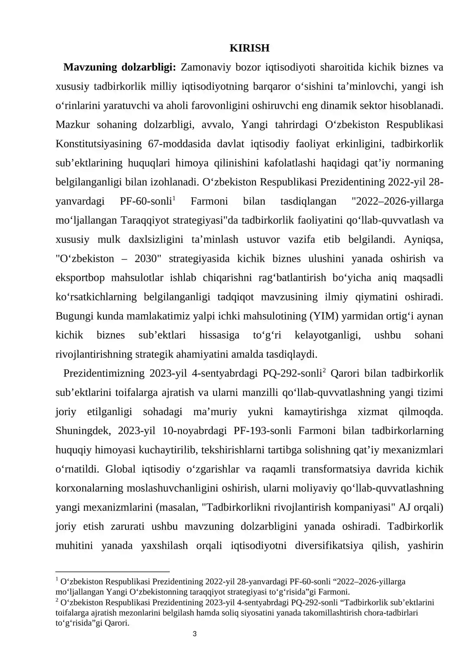O‘zbekistonda kichik va xususiy tadbirkorlikni rivojlantirishning asosiy yo‘nalishlari. 3