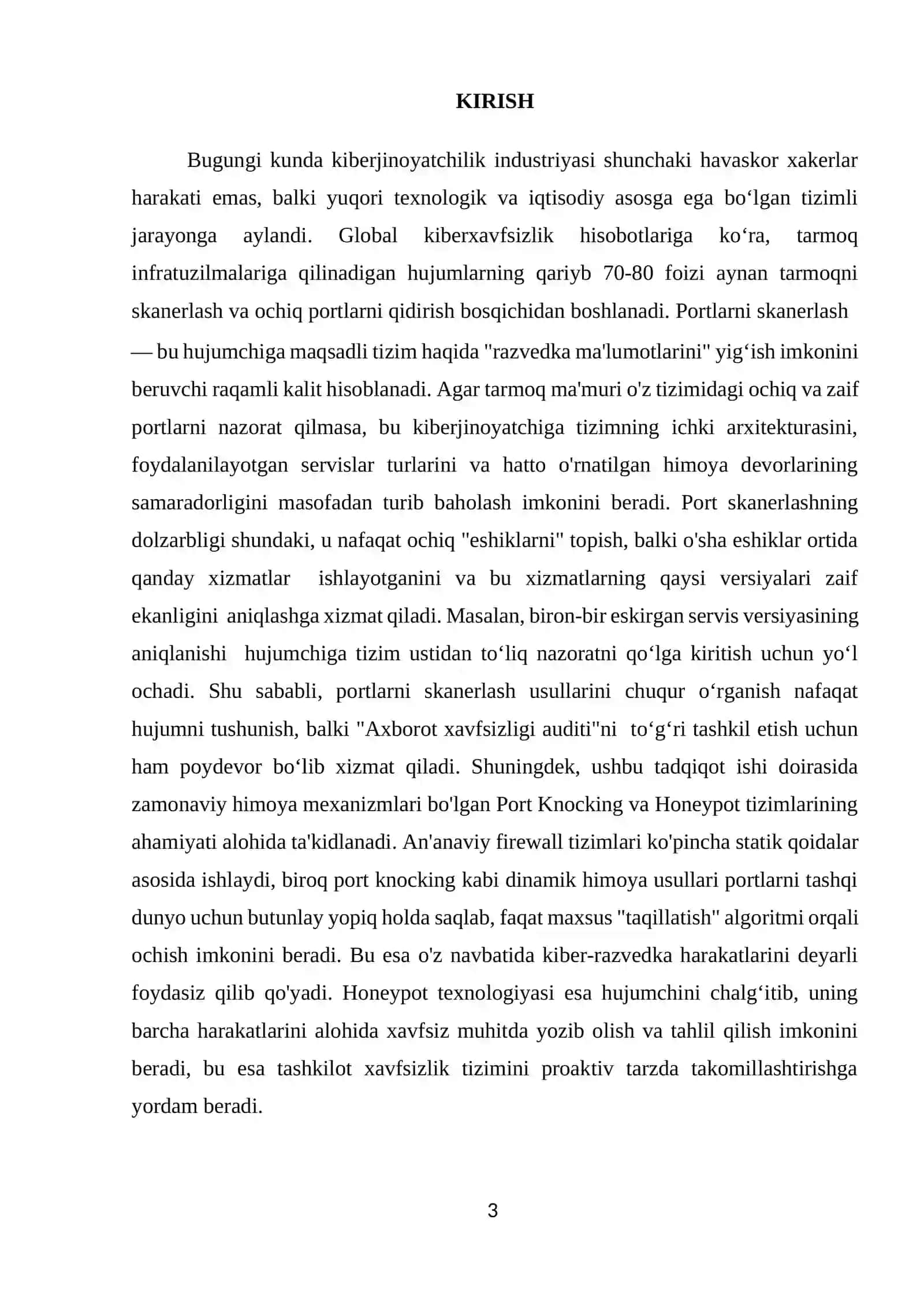 PORT SCANNING USULLARI, ULARNING TAHLILI VA KO‘P BOSQICHLI HIMOYA TIZIMLARINI ISHLAB CHIQISH 3