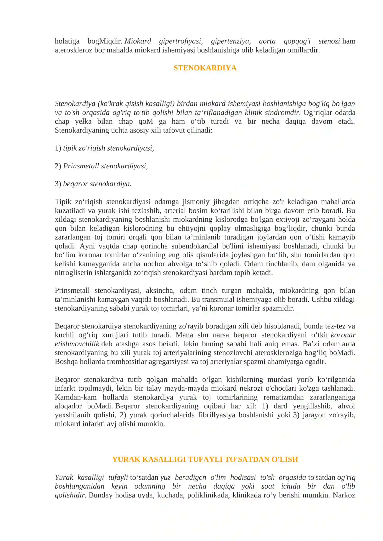 Yurak patologiyasi. Yurak ishemik kasalliklari. Aritmiyalar. Yurak gipertenziv kasalligi. Yurak klapanlari kasalliklari. Kardiomiopatiyalar. Perikard kasalliklari. Tugma yrak kasalliklari. Yurak usmalari 3