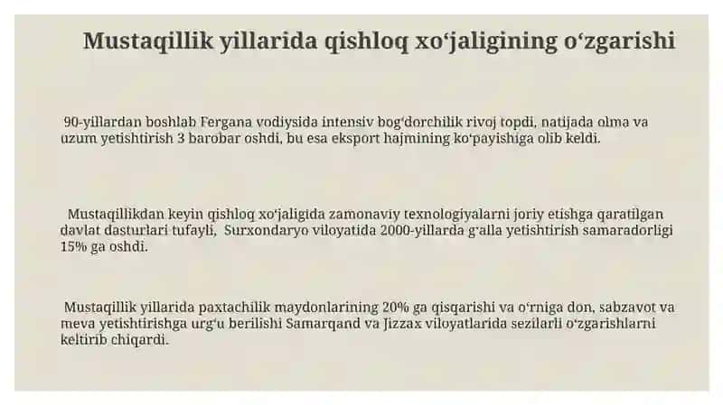 Mustaqillik Yillarida Qishloq Hujaligidagi O'zgarishlar 3