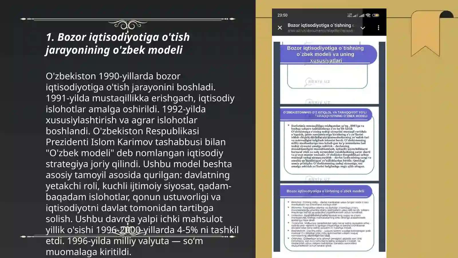 Bozor iqtisodiyotiga o'tishning o'zbek modeli va uning xususiyatlari 3