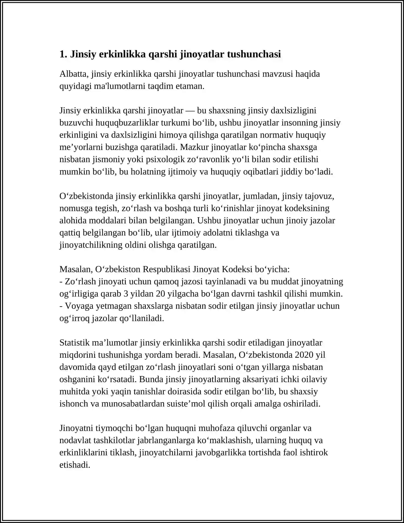JINSIY ERKINLIKKA QARSHI JINOYATLAR TUSHUNCHASI VA O'ZIGA XOS XUSUSIYATLARI TUSHUNCHASI VA UNING MAZMUN MOHIYATI 3