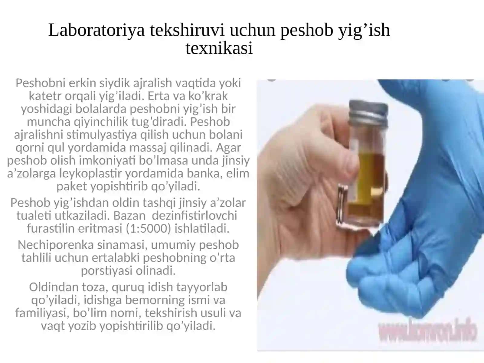Laboratoriya tekshiruvi uchun materiallar yig’ish: siydik, qon, balg’am. 3