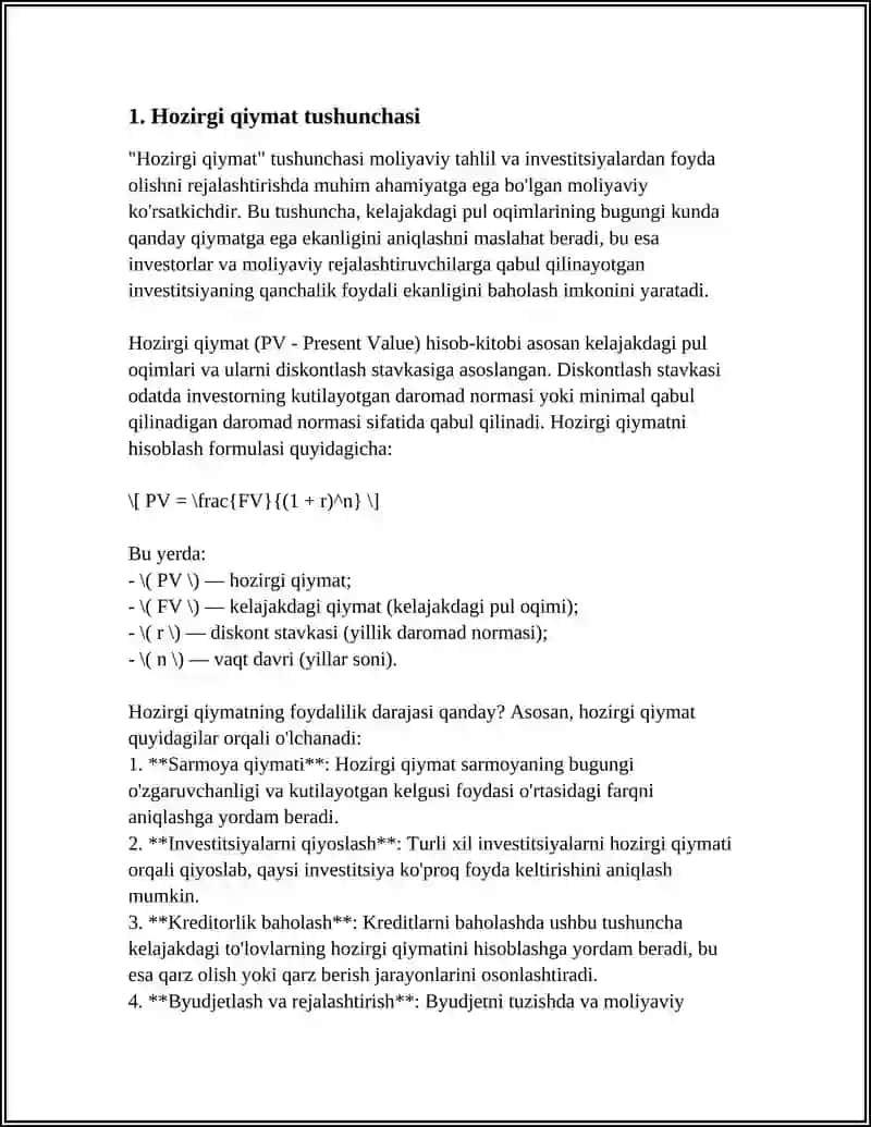 PULNING JORIY VA KELAJAKDAGI QIYMATI VA UNI HISOBLASH DISKONT STAVKA TUSHINCHASI 3