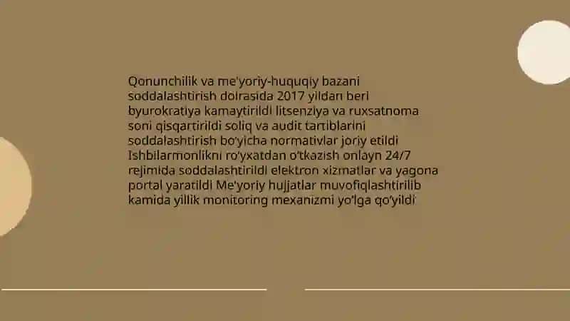 O'zbekiston da tadbirkorlik faoliyatini rivojlantirish uchun qilinayotgan islohotlar 3
