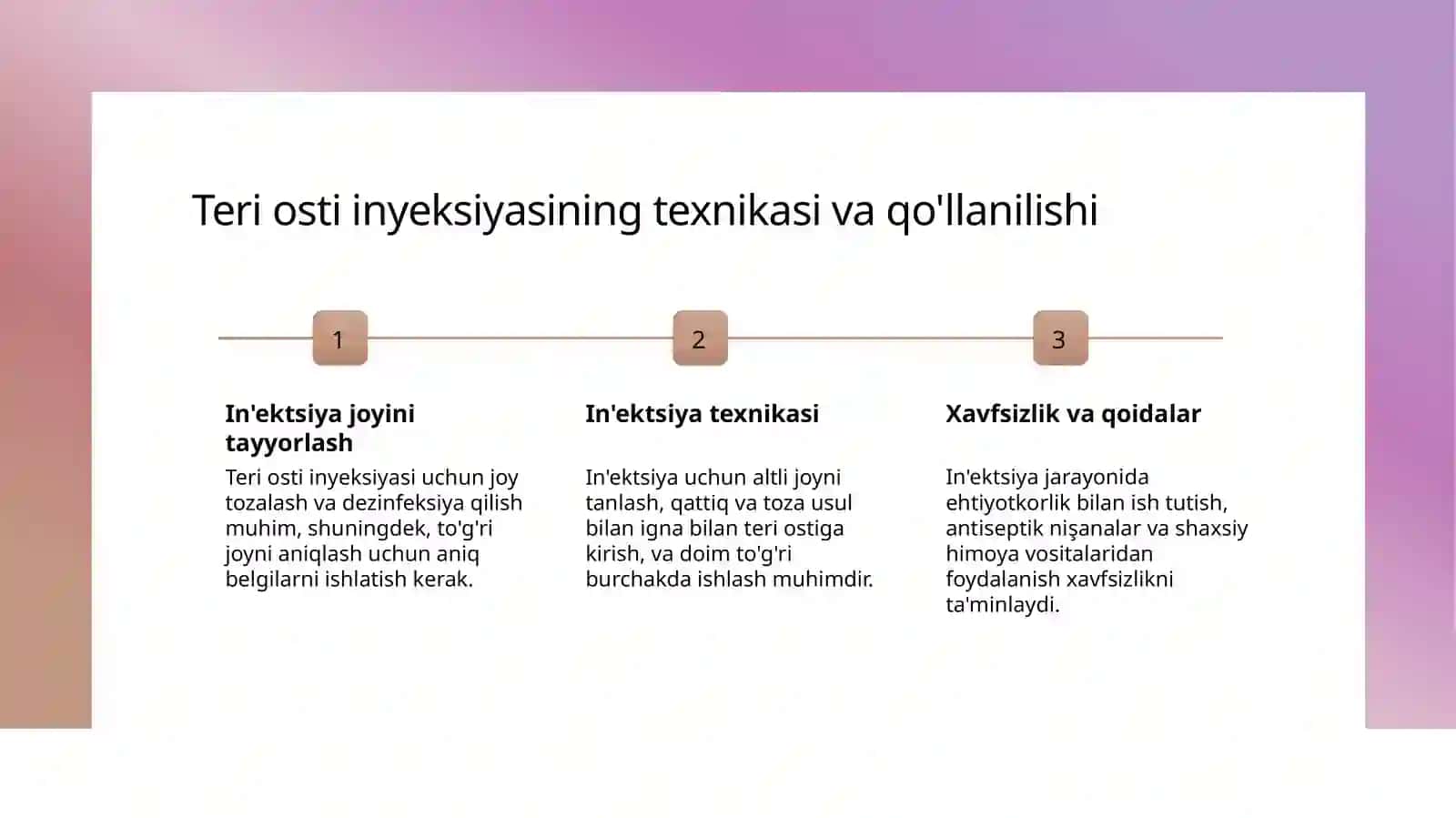 Muolaja xonasida dori vositalarini teri osti,mushak orasiga va vena ichiga inyeksiya qilish medotikasi 3