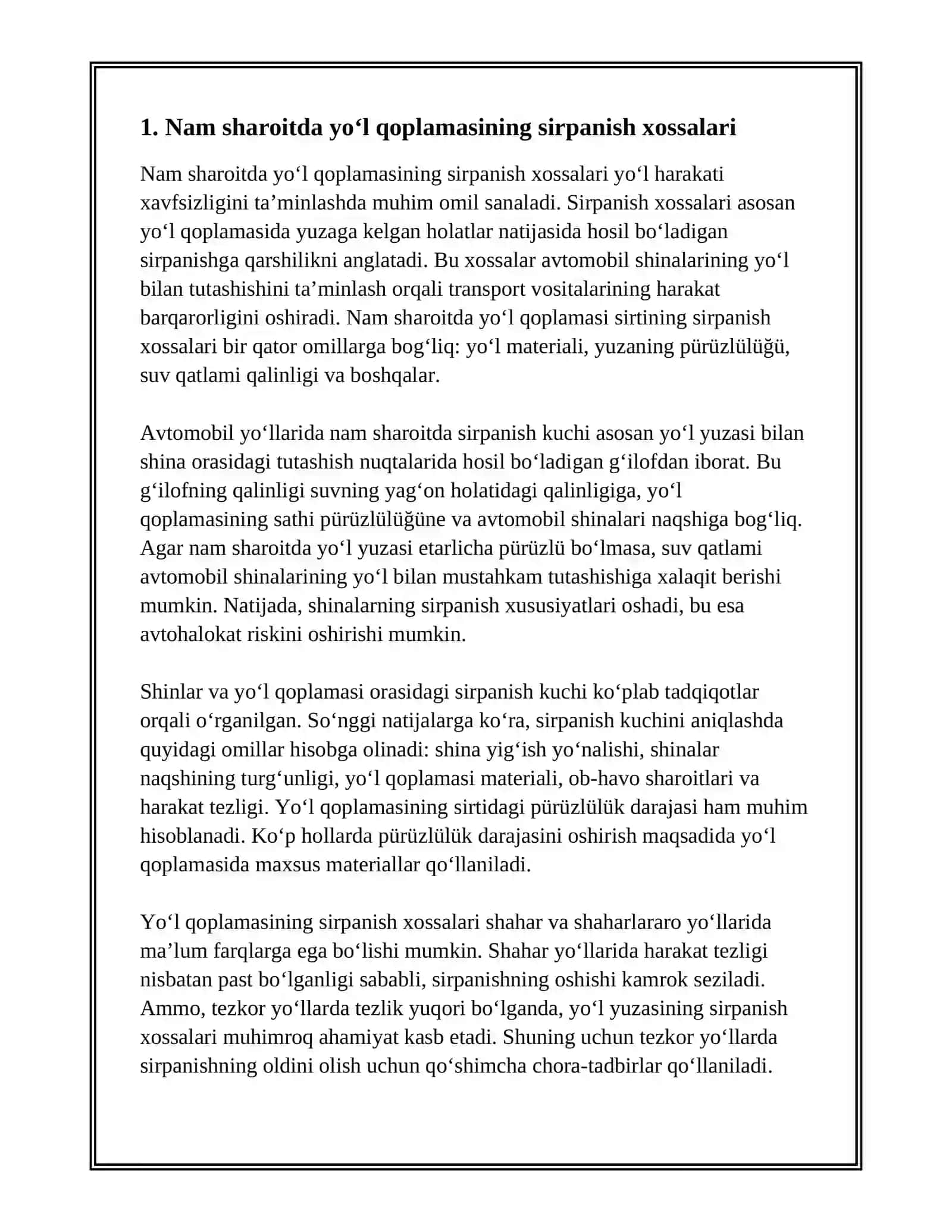 Nam va quruq sharoitda yo‘l qoplamasining ekspluatatsion xossalari 3