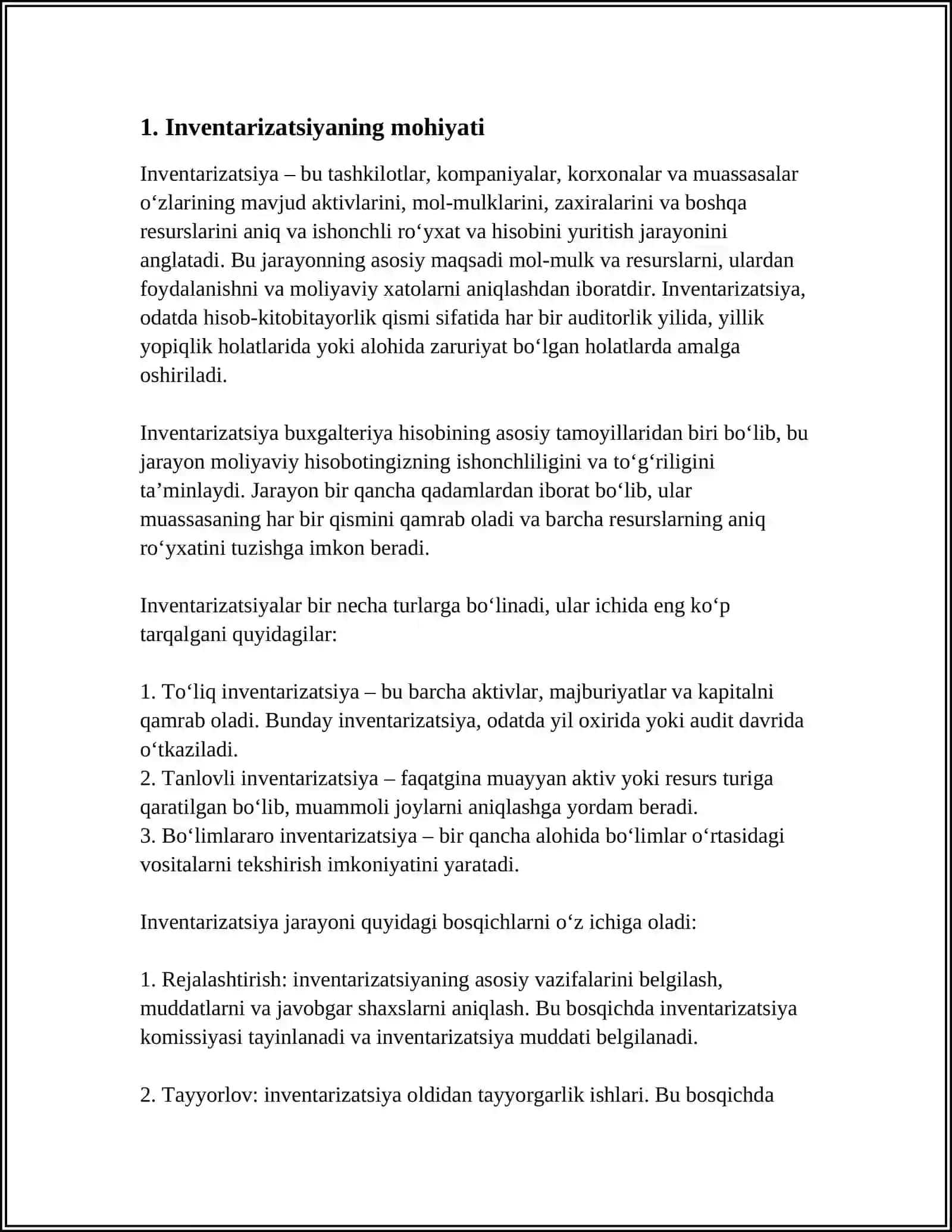INVENTARIZATSIYA TO'G'RISIDA TUSHUNCHA, UNING AHAMIYATI VA TURLARI 3