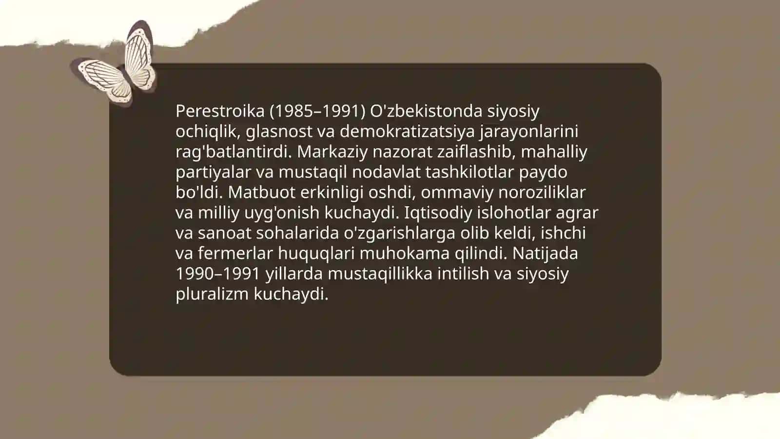 Qayta qurish "yillarida O'zbekistondagi ijtimoiy siyosiy hayot Tulayeva Jasmina 3