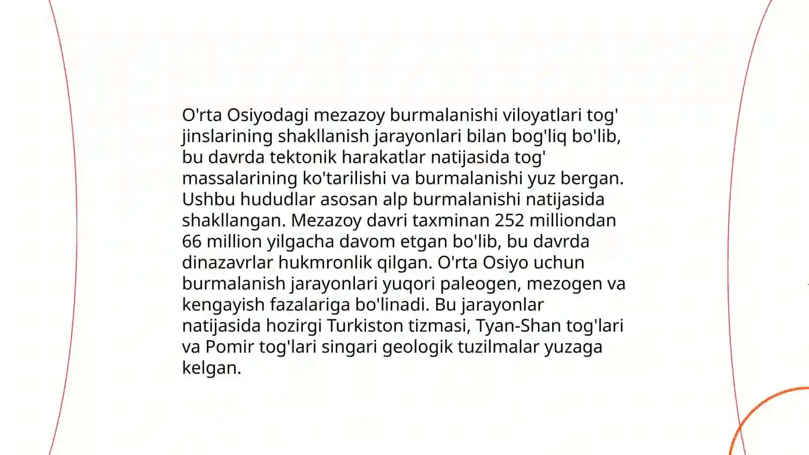 O'rta Osiyodagi mezazoy burmalanishi viloyatlarining geologik tuzilishi, chegaralari, o'rinlari 3