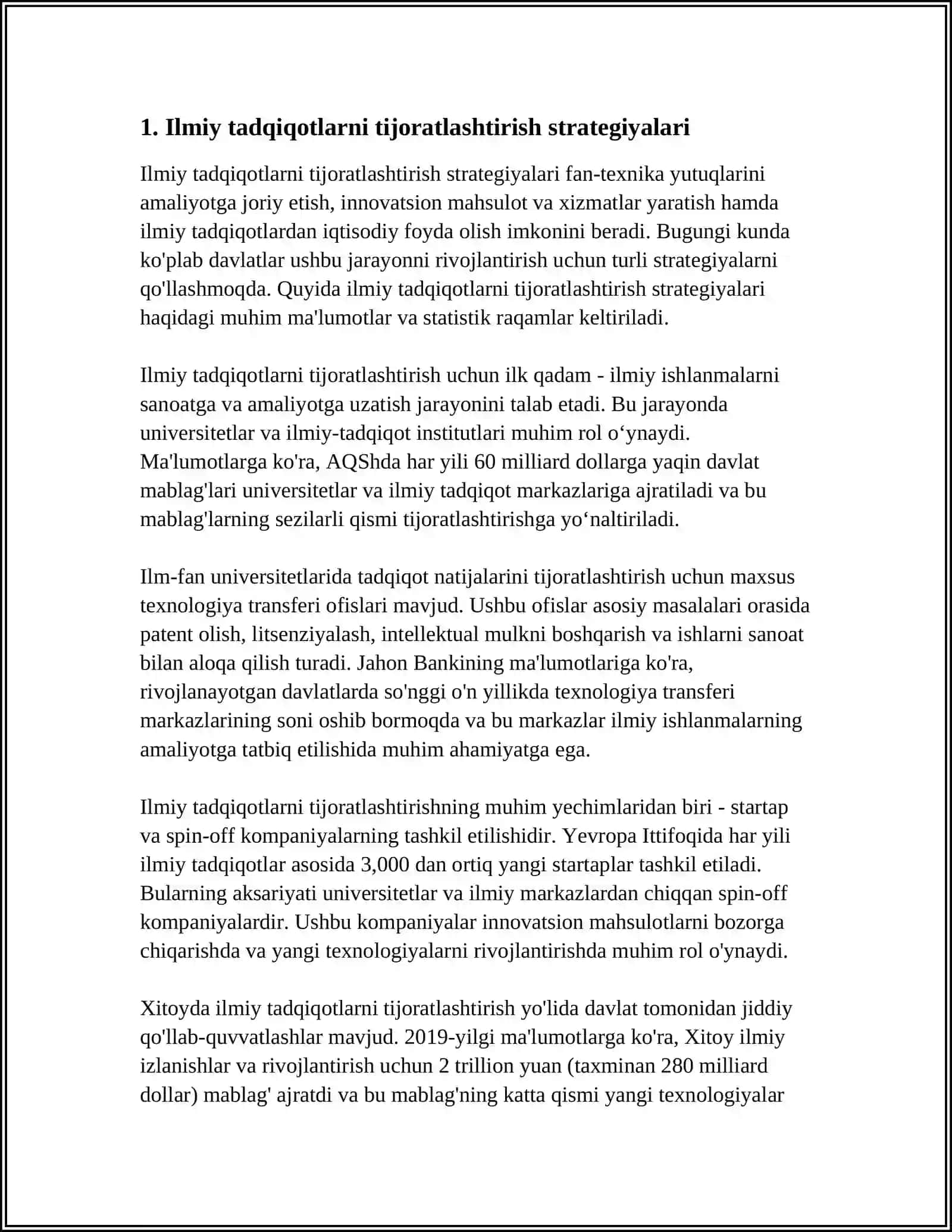 ILMIY TADQIQOTLAR ISHLANMALAR VA TEXNOLOGIYA NATIJALARINI TIJORATLASHTIRISH BOSQICHLARI 3