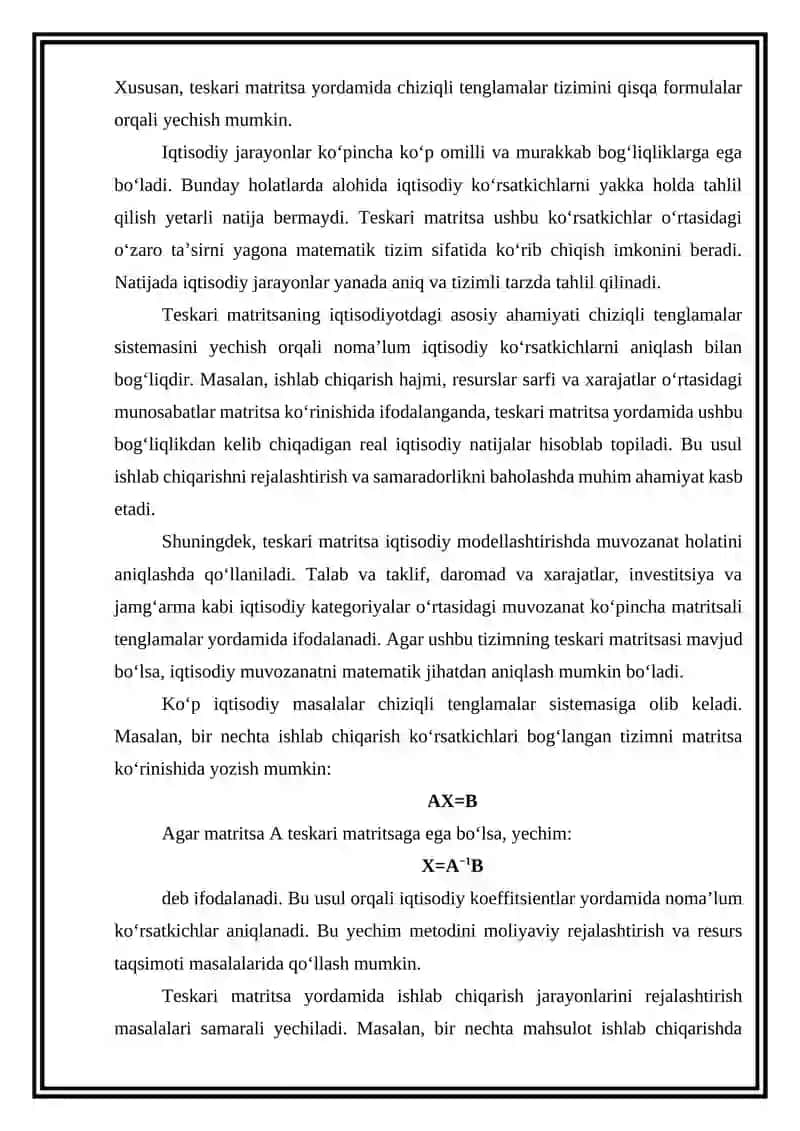 Teskari matritsa ustida amallarga keladigan iqtisodiy masalalar 3