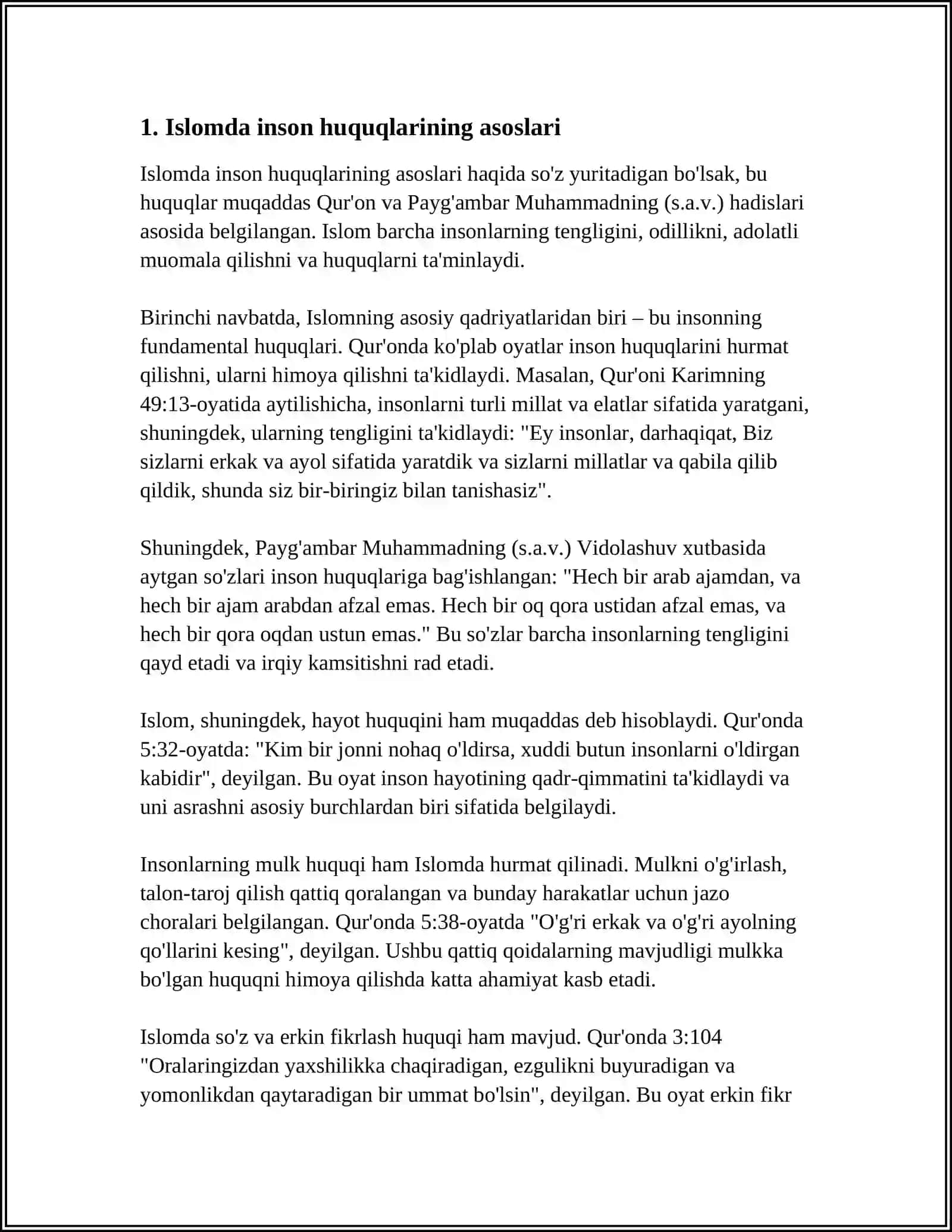 MUSTAQIL ISH Mavzu: ISLOMDA INSON HUQUQLARA HIMOYASI IJTIMOIY TENGLIK, ADOLAT VA TOLERANTLIK 3