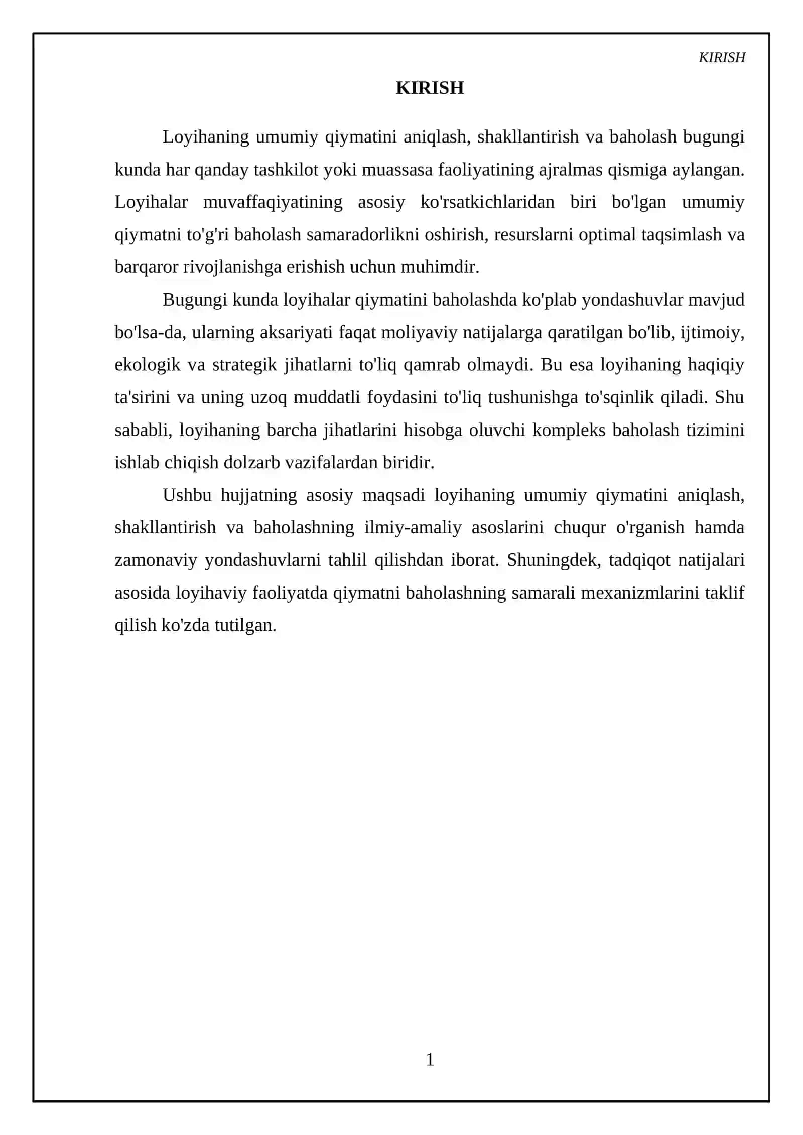 Loyihaningumumiy qiymati, uni shakllantirish va baholash 3