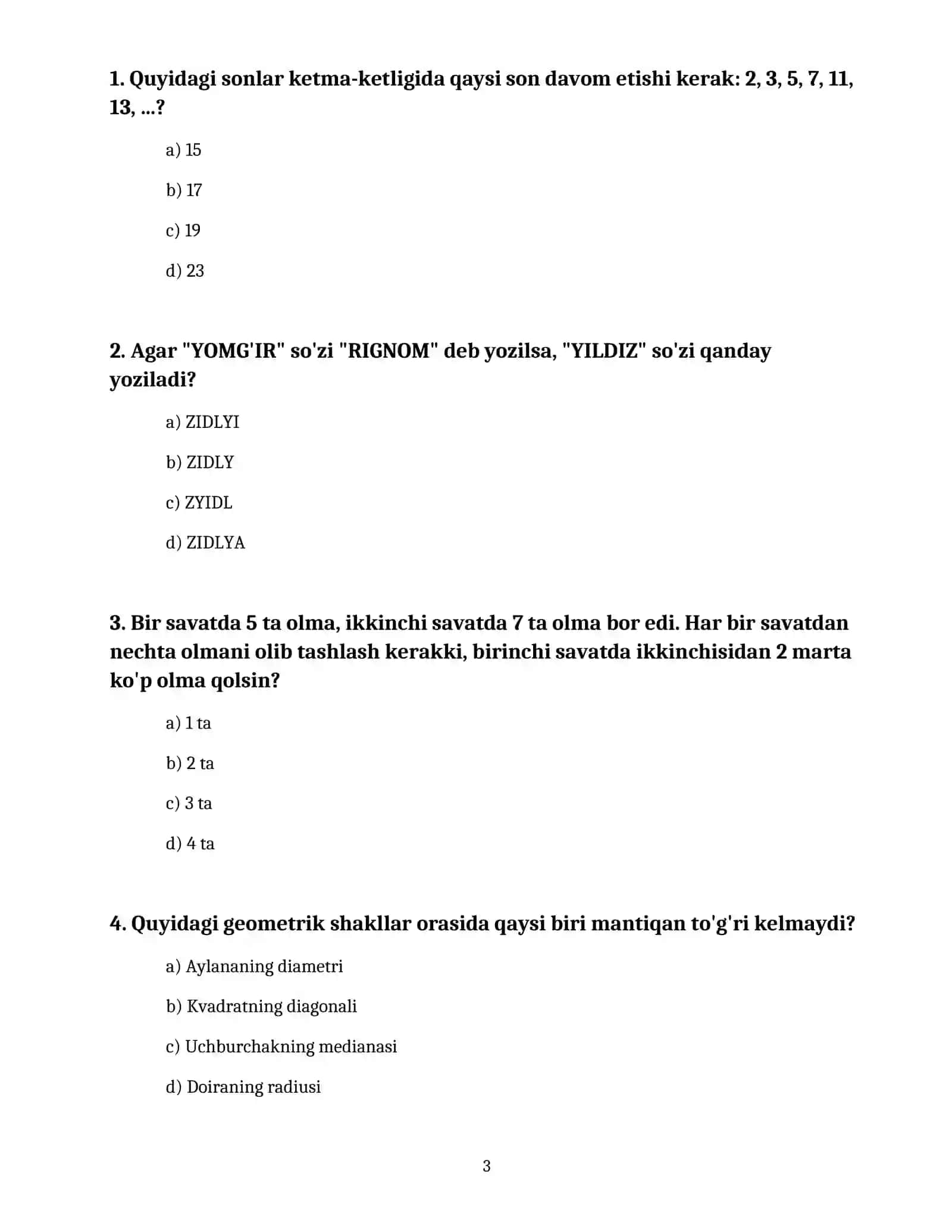 PREZIDENT MAKTABLARIGA TAYYORGARLIK: MANTIQIY FIKRLASH (IQ) TESTLARI 3