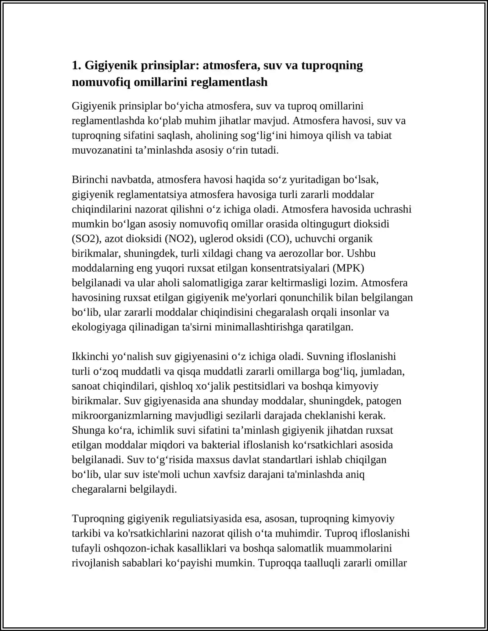 Gigiyenik prinsiplar: atmosfera, suv va tuproqning nomuvofiq omillarini reglamentlash 3