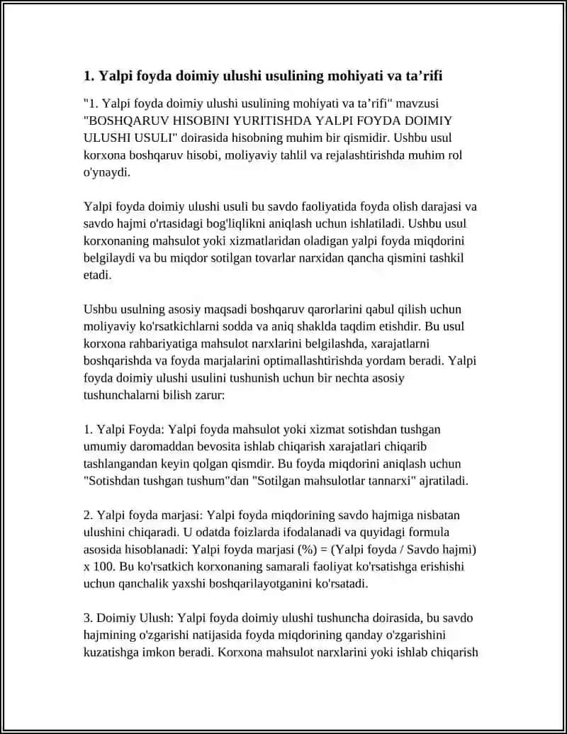 BOSHQARUV HISOBINI YURITISHDA YALPI FOYDA DOIMIY ULUSHI USULI 3