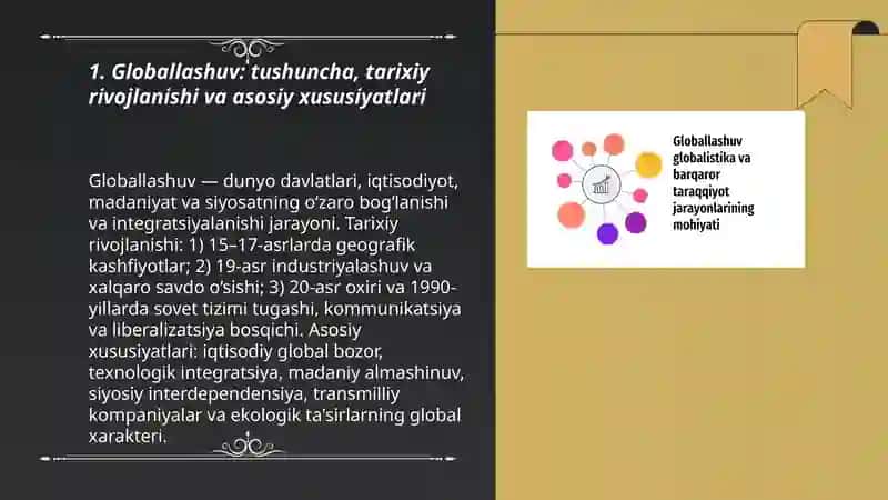 Globallashuv, globalistika va barqaror taraqqiyotjarayonlarining mohiyati mavzusida prezentatsiyatayyorlash 3