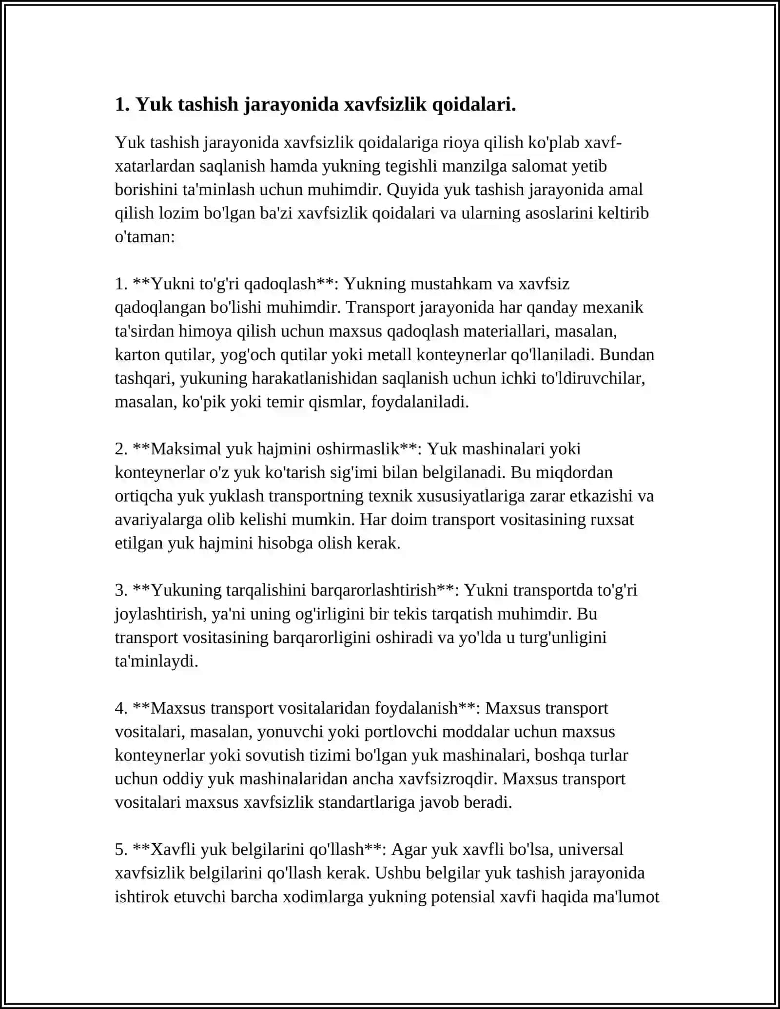 MUSTAQIL ISH Mavzu: YUK TASHISH VA YUKLASH, TUSHIRISH ISHLARIDA XAVFSIZLIK TALABLARI 3