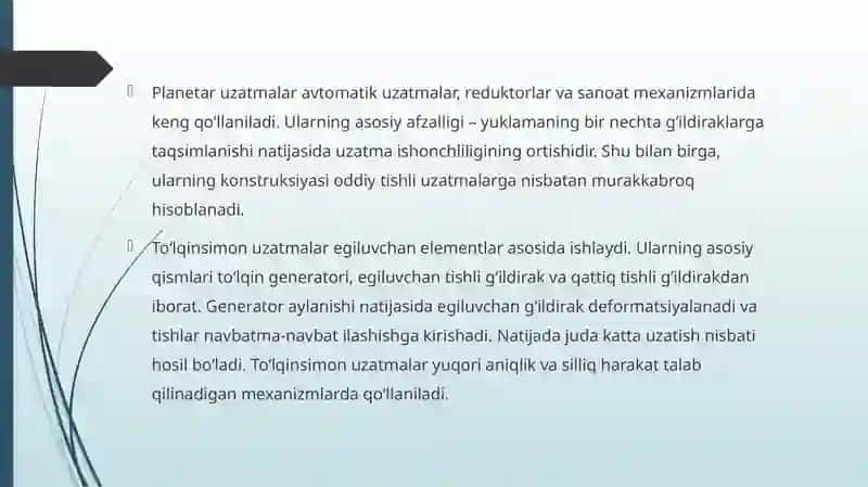 Planetar va to'lqinsimon uzatmalar. Uzatma kinematikasi. Planetar uzatmalarni hisoblash 3