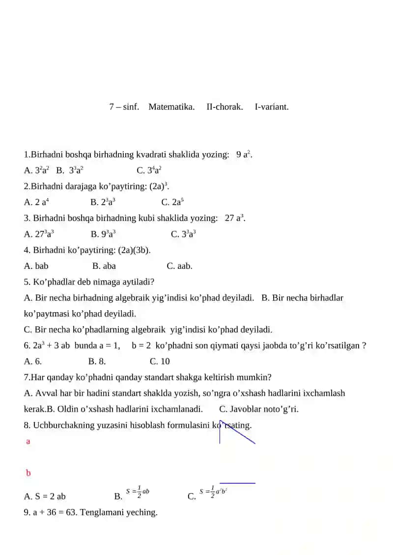 7 – sinf.Matematika. I-chorak. I-variant 3