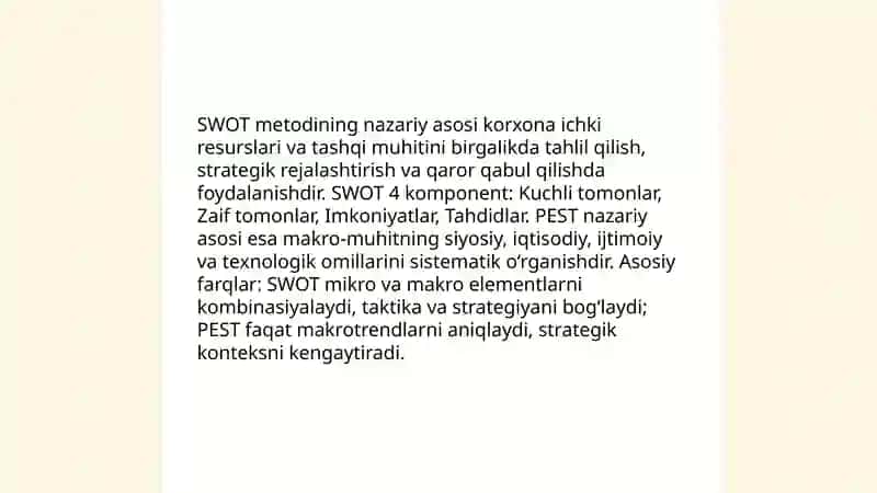 Xalqaro bozorlarni tahlil qilishda SWOT va PEST usullarini qoʻllash 3