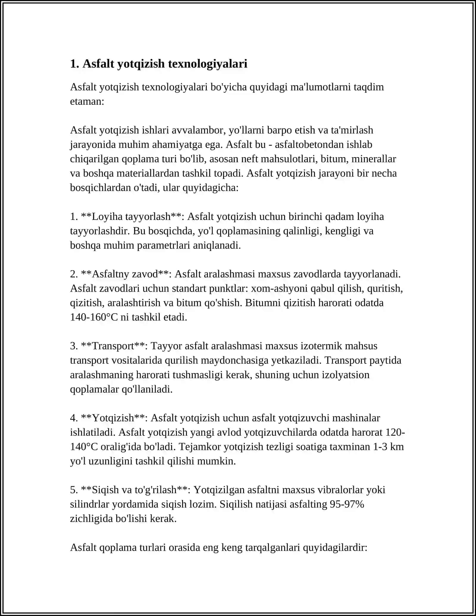 AVTOMOBIL YOʻLLARINI QURISH, REKONSTRUKSIYA QILISH, TAʼMIRLASH, SAQLASH ISHLARI 3
