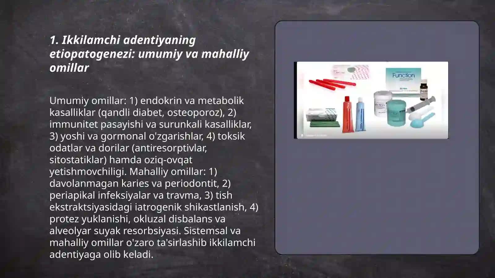 Ortopedik stomatologiyada toʻliq tishsiz jagʻda ikkilamchi adentiyaning sabablari protezga tayyorlash terapevtik va xirurgik davolash bosqichlari 3