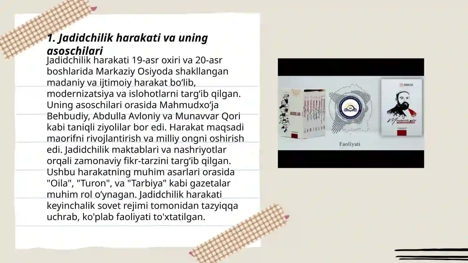 Jadid marifatparvarlarning o’lka ijtimoiy manaviy hayotda tutgan o’rni munavvar Qori, Fitrat, Behbudiy avloniy va boshqalar Yusupov Ozodbek 3
