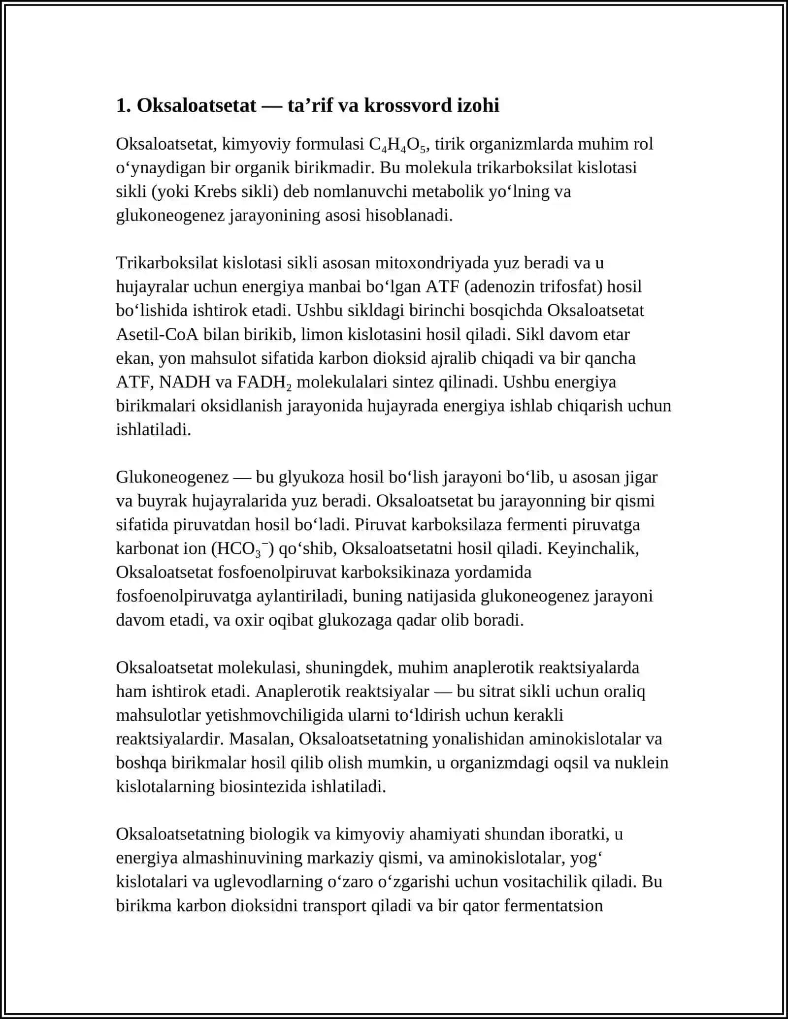 KROSSVORD – “OKSALOATSETAT, SITRAT, Α-KETOGLUTARAT, NADH, GTP” SO‘ZLARI ASOSIDA KROSSVORD TUZISH 3