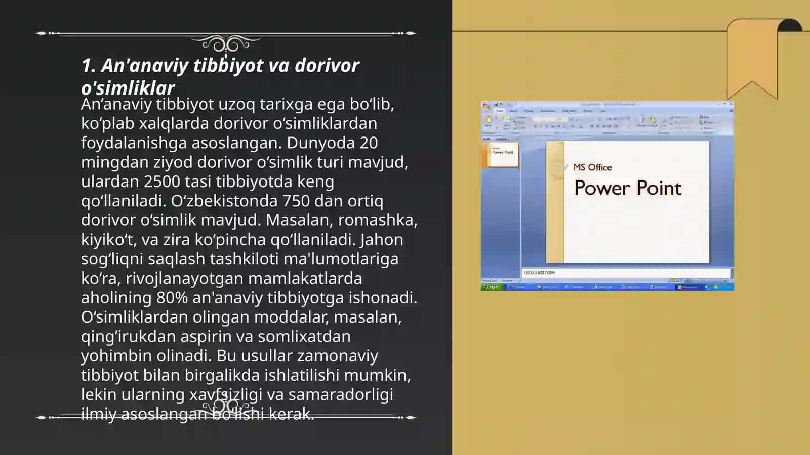 Medicinaliq mag'liuwmatlardi usinuw ushin prezentciyalar jaratuw MS PowerPoint pragramasinda paydalanuw 3