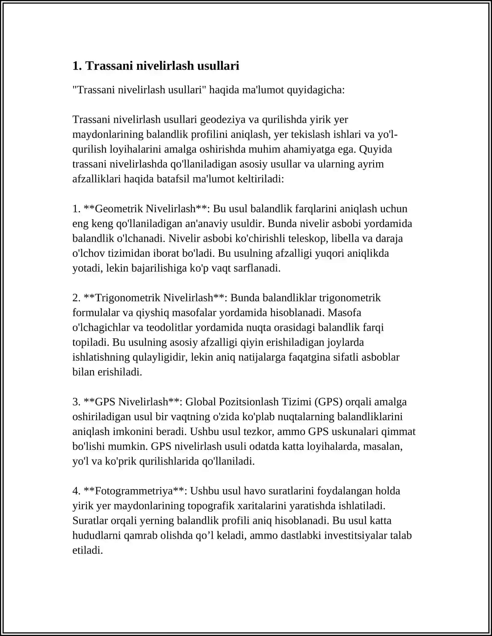 TRASSANI NIVELIRLASH, REPER VA MARKALARGA BOG'LASH 3