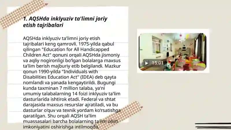 Inklyuziv ta'limning joriy qilish yo'llari, muammolari va yechimlari ish tajribalarini o'rganish 3