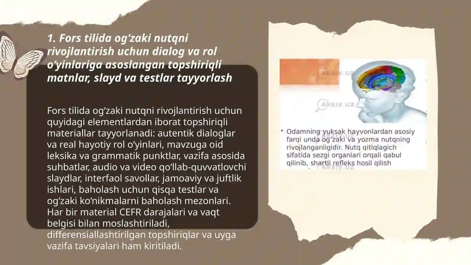 Fors tilida o‘quvchilarning og‘zaki va yozma nutq malakalarini shakllantirish yuzasidan topshiriqli matnlar, slayd va testlar tayyorlash 3