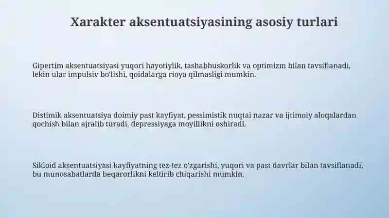 Xarakter aksentuatsiyasi. Muloqot uslublarini baholashda aksentuatsiya-ning ma’lum tiplari 3