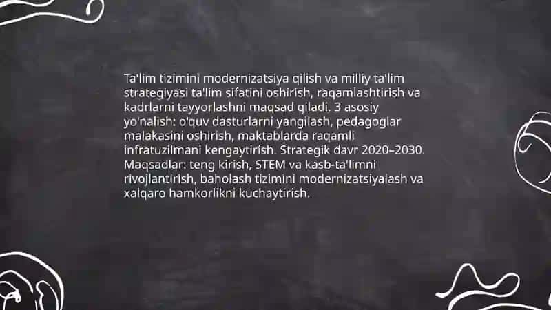 O'ZBEKISTON RESPUBLIKASIDA TALIM SOXASIDAGI AMALGA OSHIRILAYOTGAN ISLOHOTLAR MUXAMMADSHOYEV ISMOILBEK 3