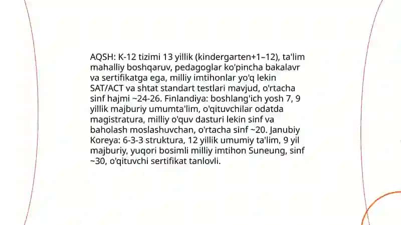 Rivojlangan davlatlar ta'lim tizimi. AQSH,Finlandiya, Janubiy Koreya ta'lim tizimi farqlari 3