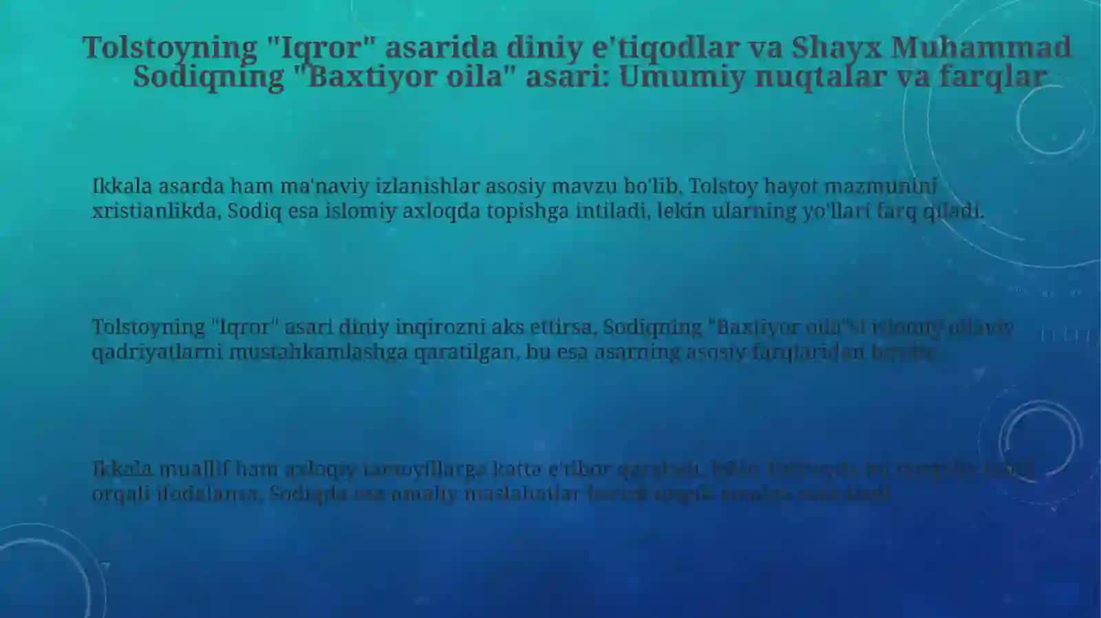 Lev Tolstoyning iqrornomasi asaridagi diniy e'tiqodlar. Shayx Muhammad Sodiq, baxtiyor oila asari 3