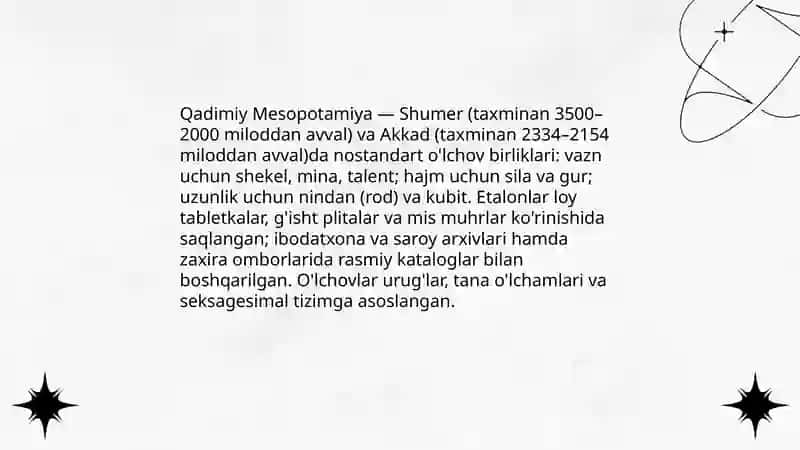 Miqdorlarning qadimiy va turlli xalqlarga oid nosdandart o'lchov birliklari haqida ma'limot yig'ish 3