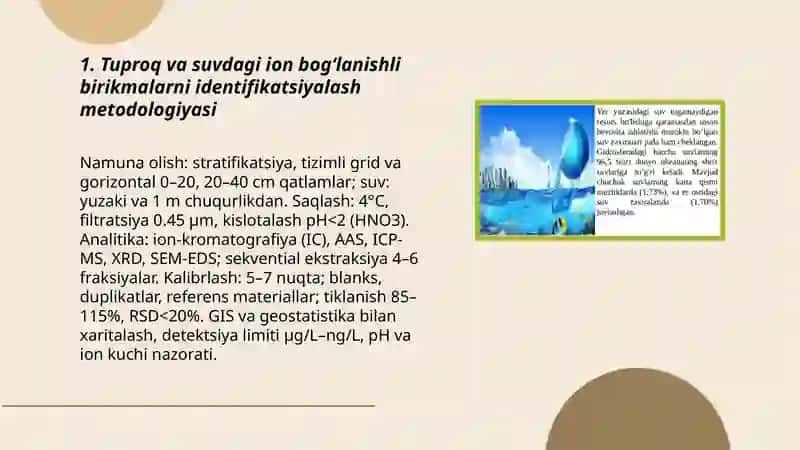 Tuproq va suvning ifloslanishida ion bog‘lanish birikmalarni aniqlab ulardan tozalash usulini ishlab chiqish 3