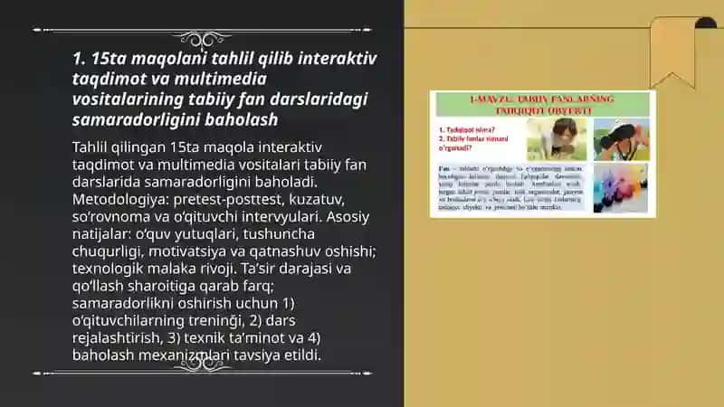 Tabiiy fanlar mavzulariga oid darslarda zamonaviy pedagogik texnologiyalardan foydalanishga qaratilgan 15ta maqolani oʻrganosh va tahlil qilish 3