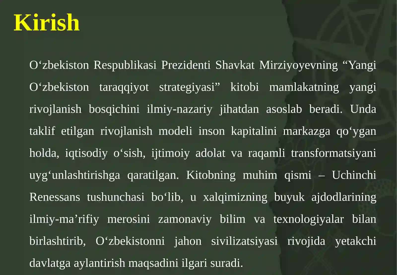 O‘zbekiston Respublikasi Prezidenti Shavkat Mirziyoyevning “Yangi O‘zbekiston taraqqiyot strategiyasi” kitobi 3
