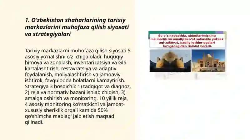 Oʻzbekiston shaharlarining asl meʼmoriy badiiy koʻrinishini asrash va rivojlantirish 3